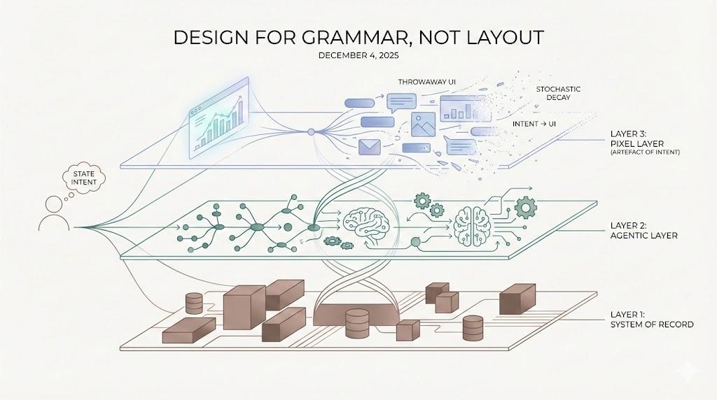 Diagram showing the three layers of software: System of Record, Agentic Layer, and Pixel Layer